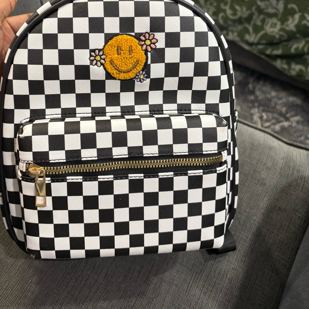 Checkered Backpack with Smiley Patch